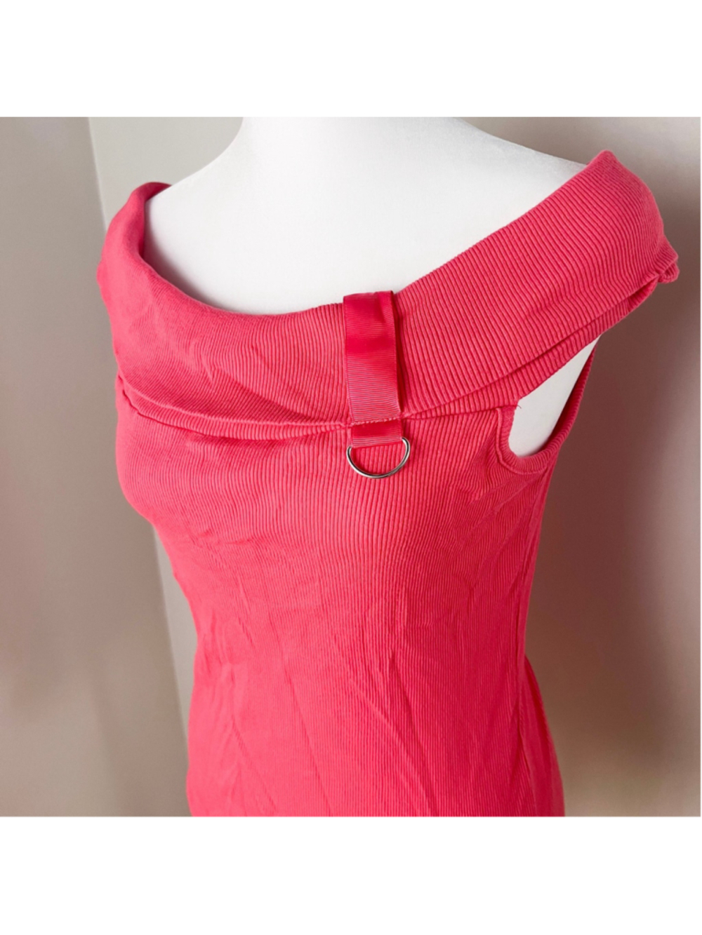 Y2K Pink Off Shoulder Ribbed Knit Top L/XL Barbiecore Coquette Cotton D Ring - Picture 2 of 7
